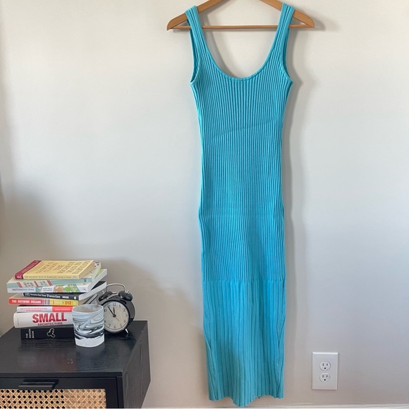 Open Edit Blue Ribbed Sweater Tank Low Back Midi Dress Sz Small - Picture 1 of 11